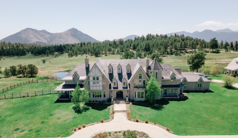 A large castle estate atop a mountain meadow near Boulder, Colorado called Greystone Castle and is available for events and weddings.