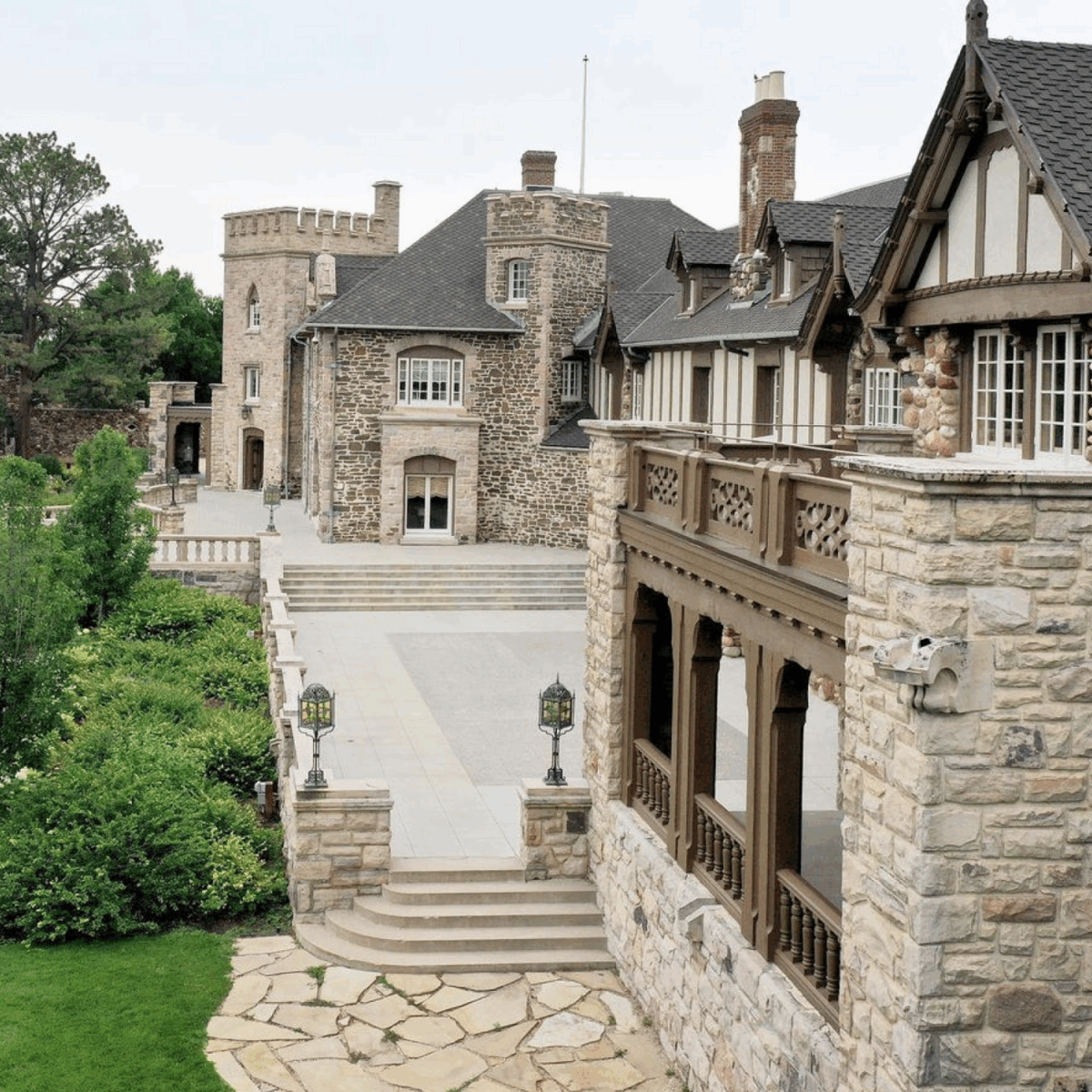 A stone patio and gardens in a historic stone mansion located in Highlands Ranch, Colorado that is available to rent for wedding